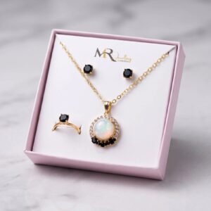 thumb Opal & Black Stone Necklace, Ring & Earrings