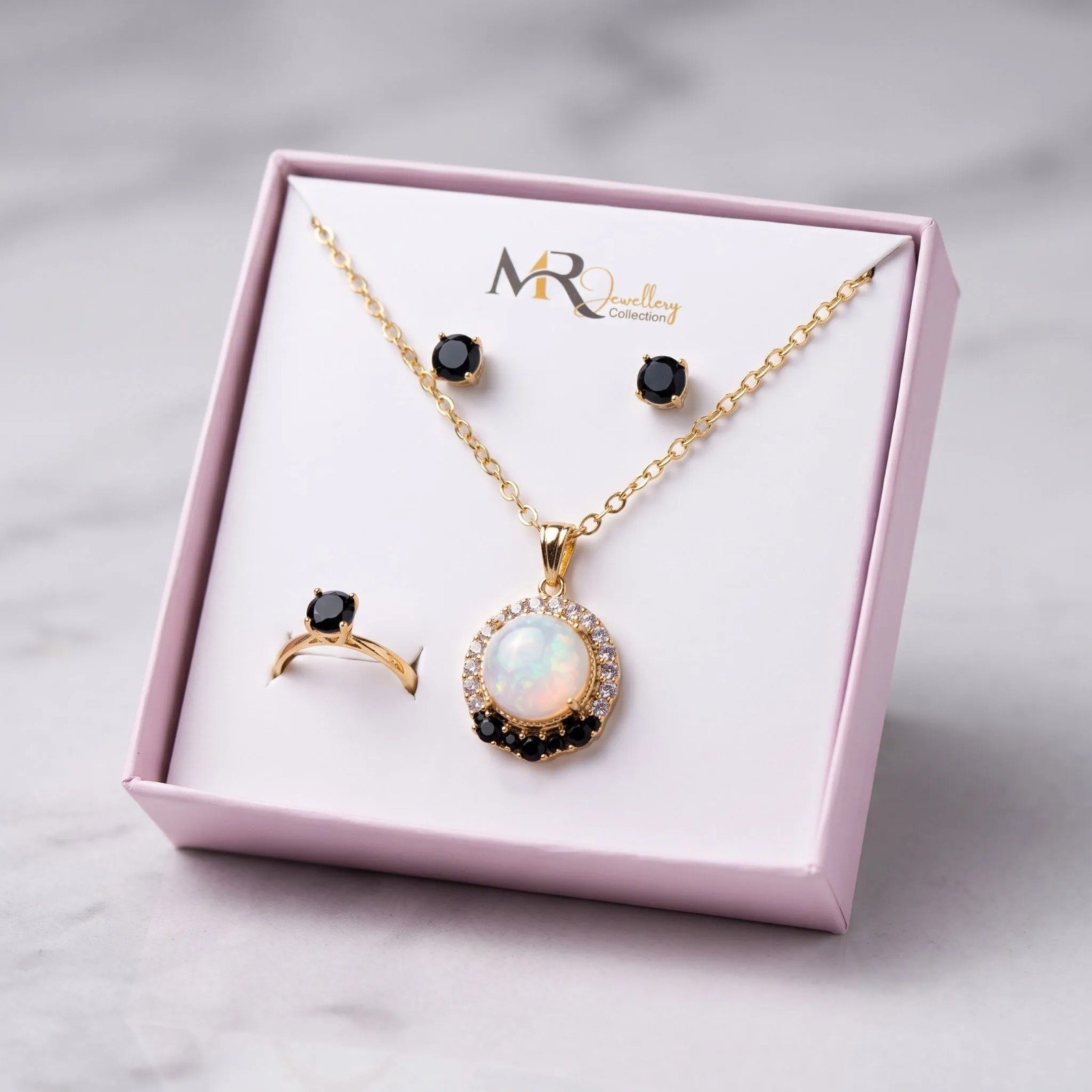 thumb Opal & Black Stone Necklace, Ring & Earrings thumb Opal & Black Stone Necklace, Ring & Earrings