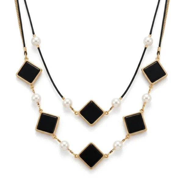 Elegant Black Disc & Pearl Layered Necklace