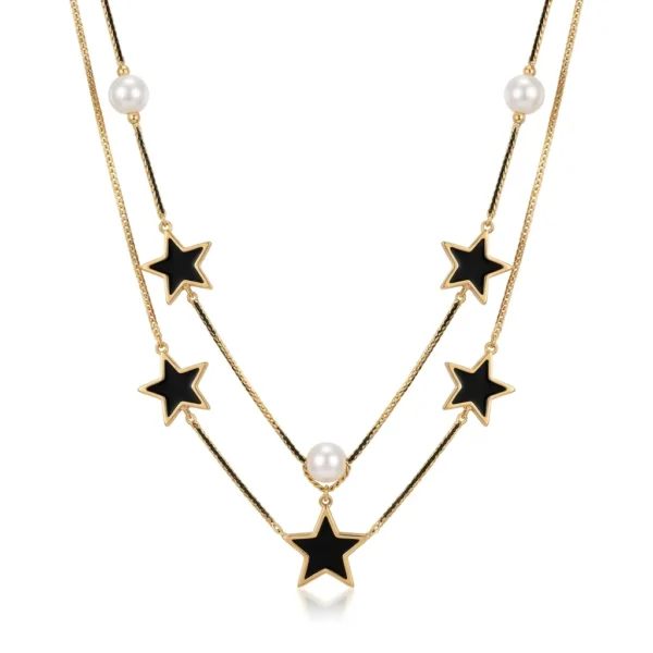 Elegant Black Disc & Pearl Layered Necklace