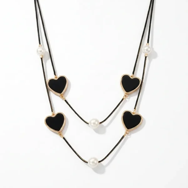 Elegant Black Disc & Pearl Layered Necklace