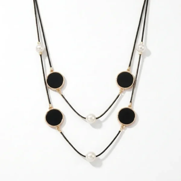Elegant Black Disc & Pearl Layered Necklace