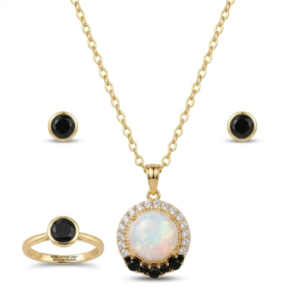 Opal & Black Stone Necklace, Ring & Earrings